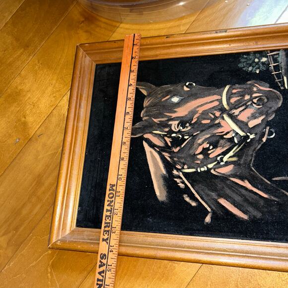 Vintage Black Velvet Painting Of Horses Wood Frame MCM equestrian art - Picture 5 of 6